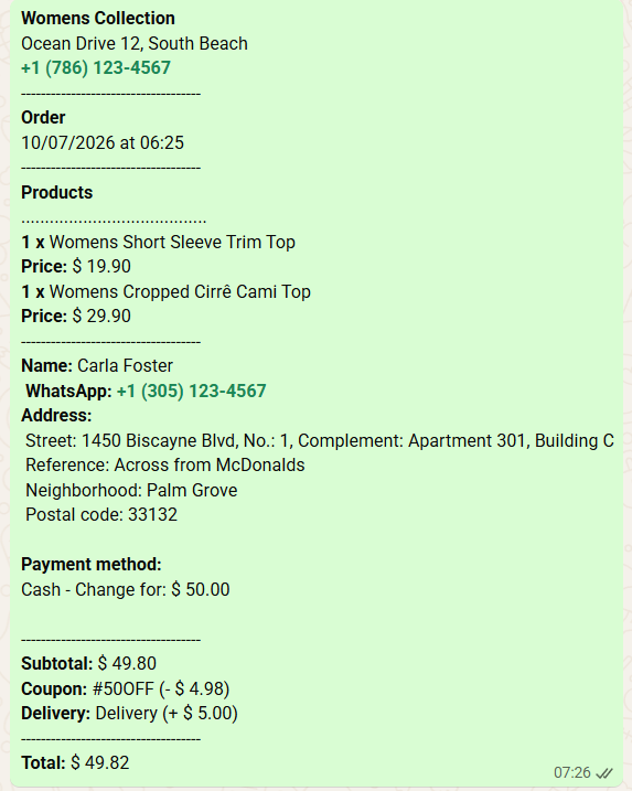 Orders via WhatsApp